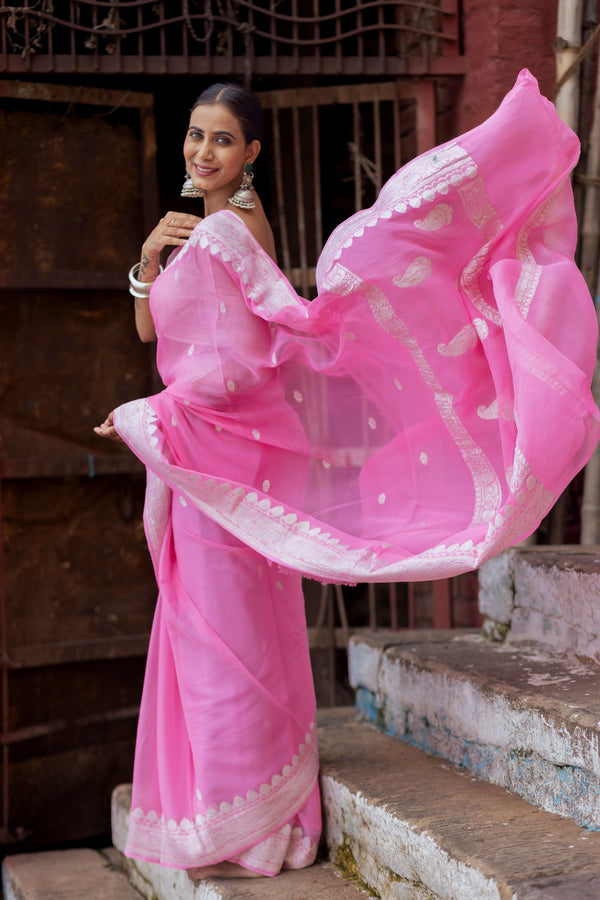Handloom Baby Pink Pure Khaddi Chiffon Banarsi Saree - Mayrake