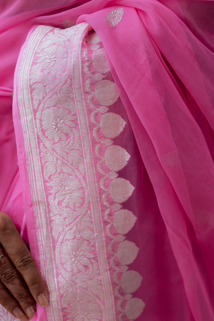 Handloom Baby Pink Pure Khaddi Chiffon Banarsi Saree - Mayrake