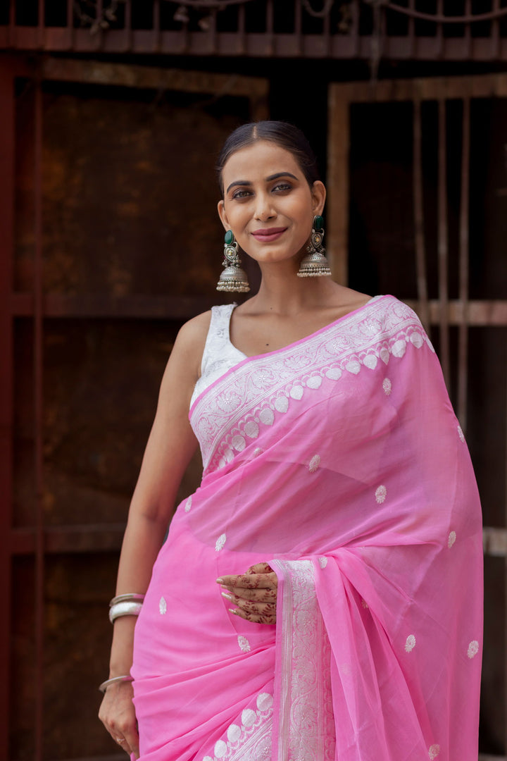 Handloom Baby Pink Pure Khaddi Chiffon Banarsi Saree - Mayrake