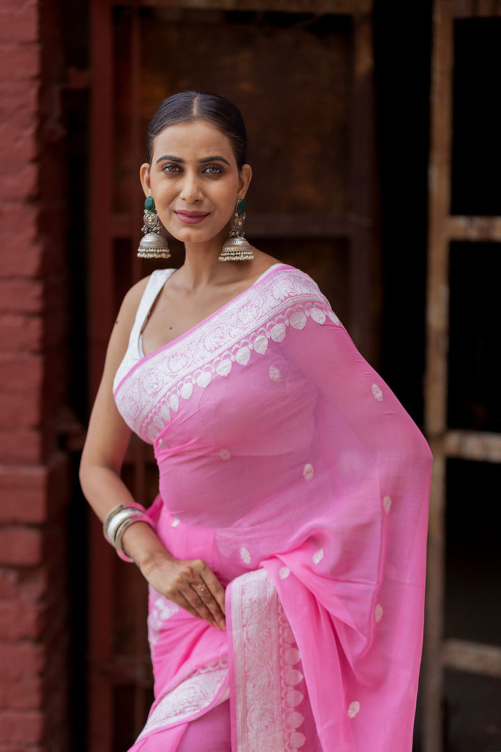 Handloom Baby Pink Pure Khaddi Chiffon Banarsi Saree - Mayrake