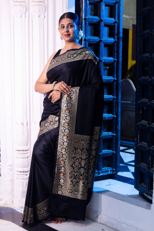 Handloom Black Mashru Satin Silk Banarasi saree - Mayrake.in