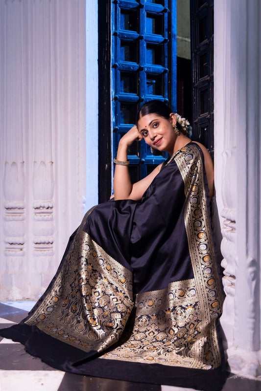 Handloom Black Mashru Satin Silk Banarasi saree - Mayrake.in