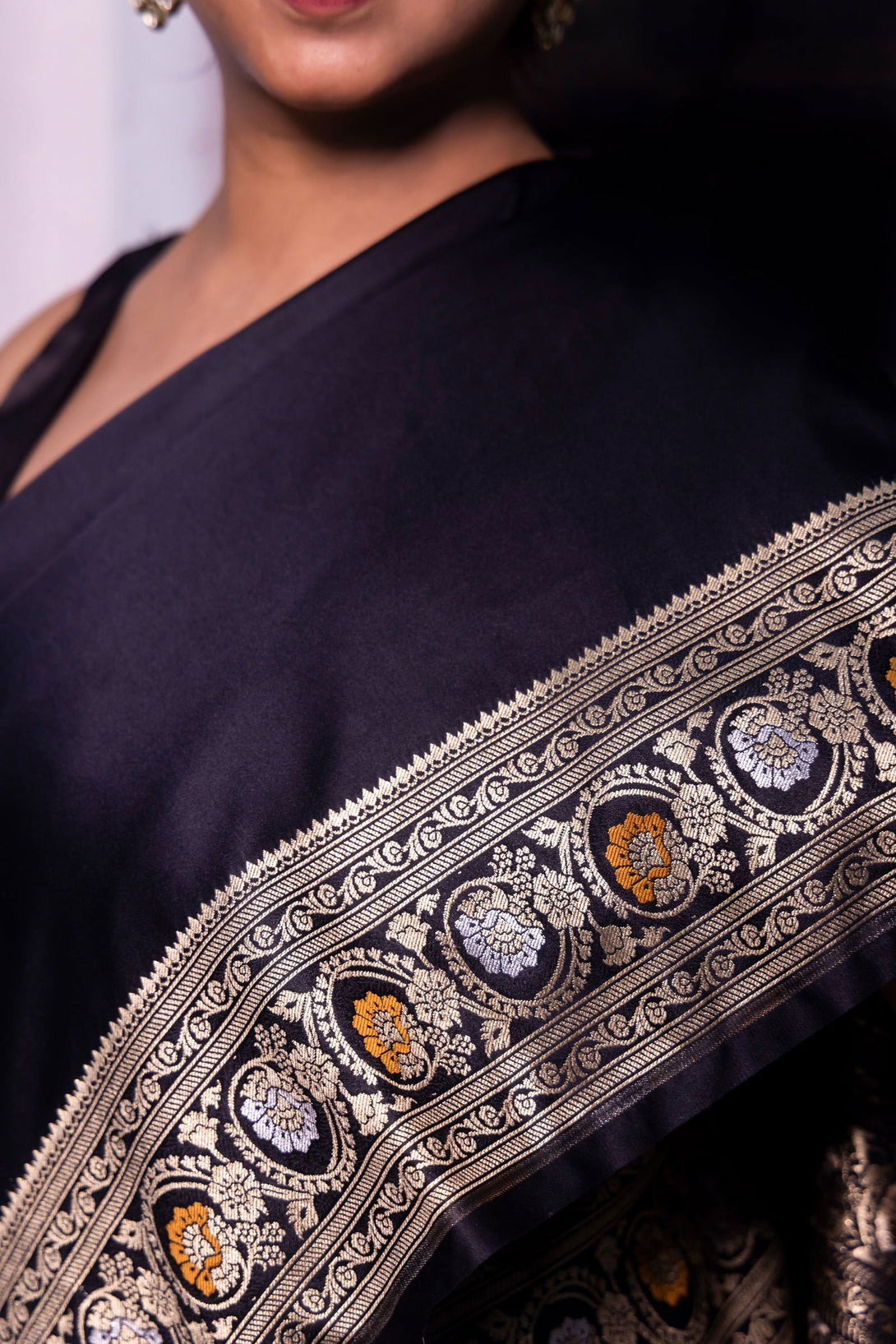 Handloom Black Mashru Satin Silk Banarasi saree - Mayrake.in