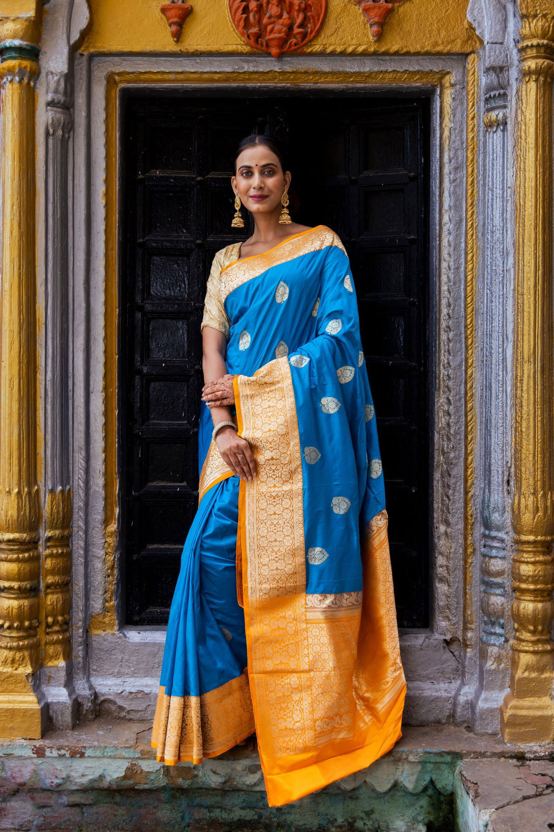 Handloom Dark Sky Blue Pure Katan Silk Banarasi Saree - Mayrake.in