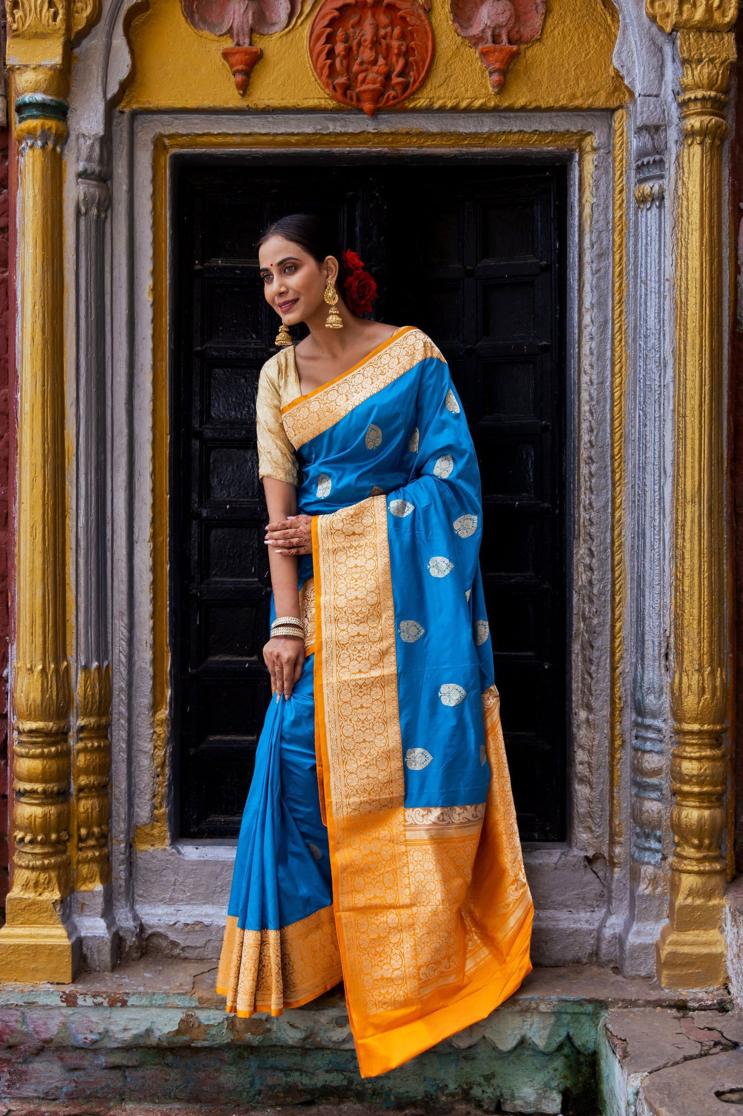 Handloom Dark Sky Blue Pure Katan Silk Banarasi Saree - Mayrake.in