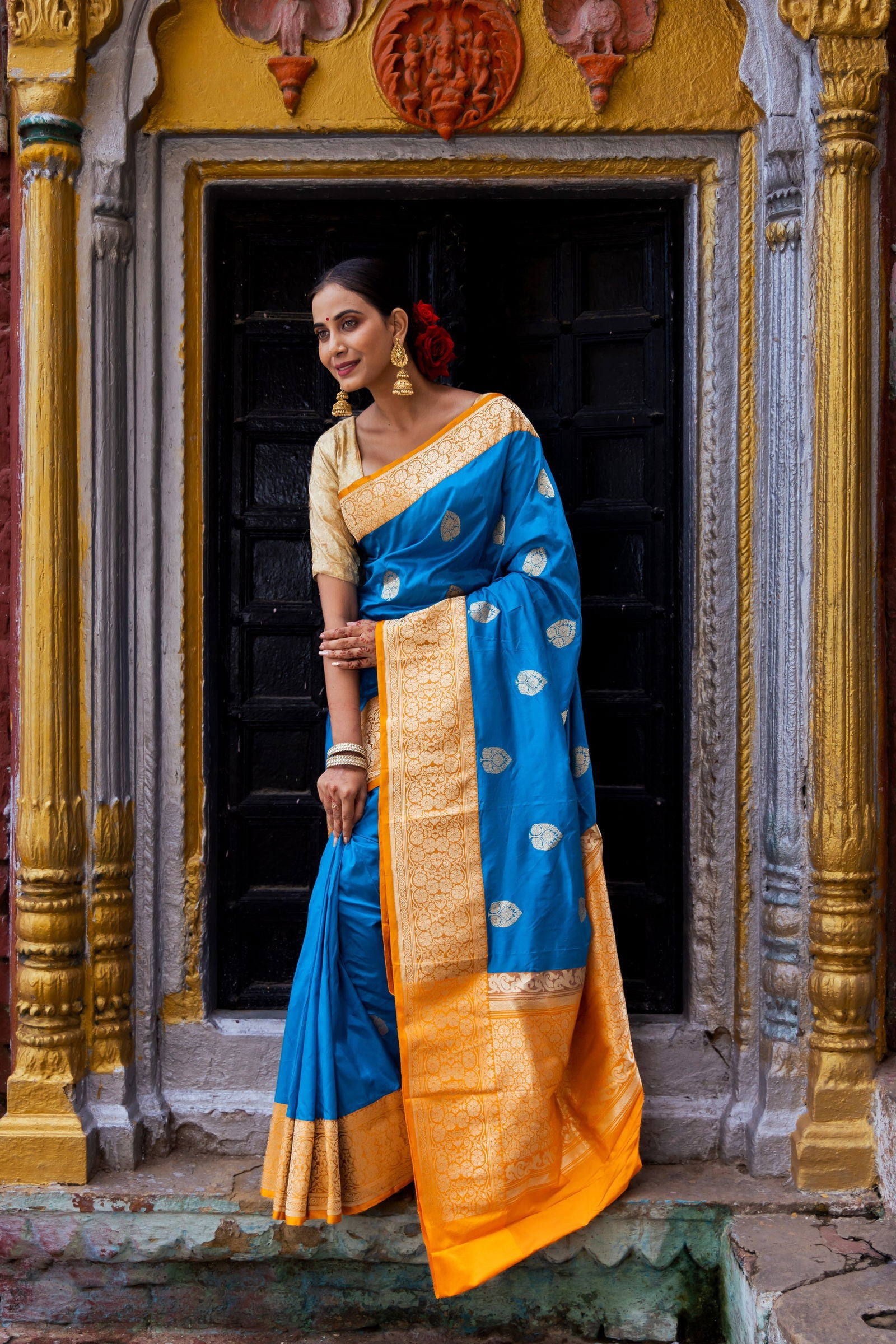 Handloom Dark Sky Blue Pure Katan Silk Banarasi Saree - Mayrake.in