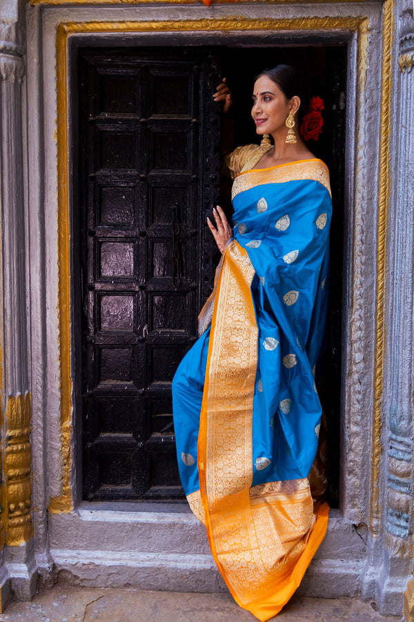 Handloom Dark Sky Blue Pure Katan Silk Banarasi Saree with Golden Yellow Border - Mayrake