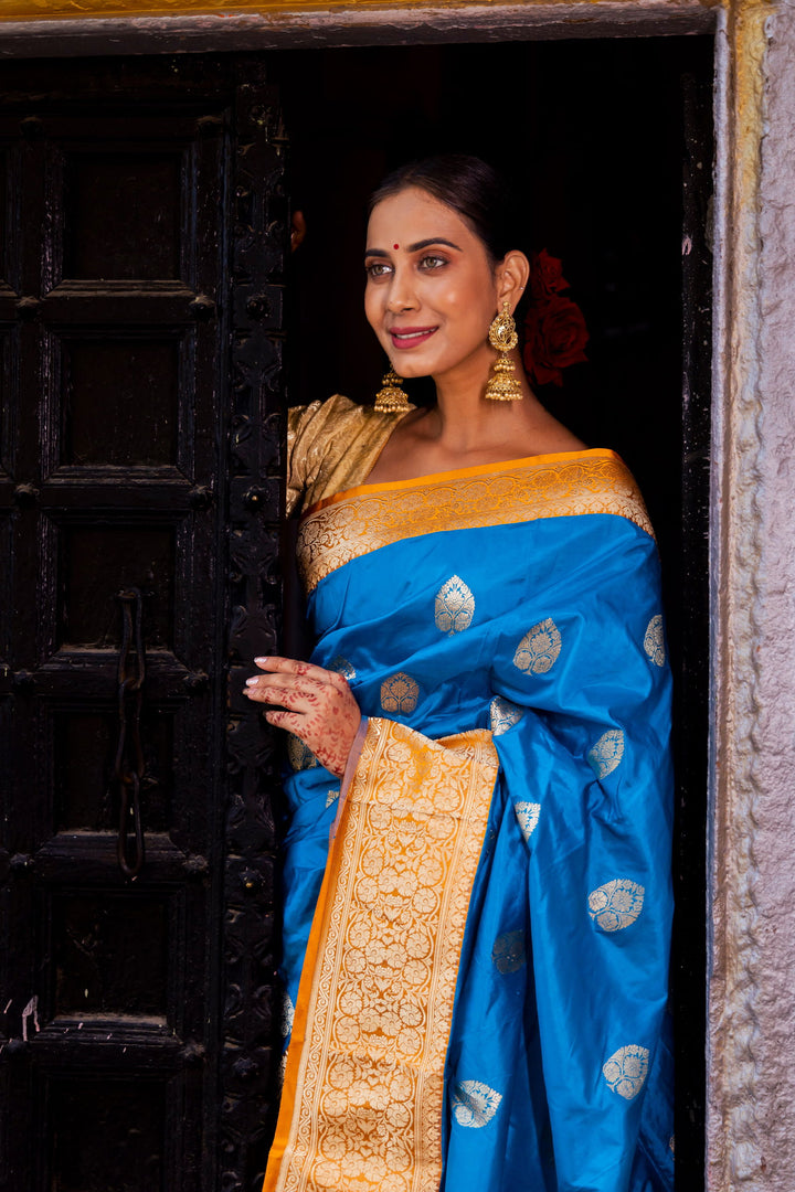 Handloom Dark Sky Blue Pure Katan Silk Banarasi Saree with Golden Yellow Border - Mayrake
