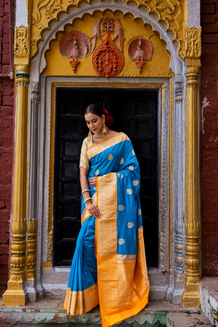 Handloom Dark Sky Blue Pure Katan Silk Banarasi Saree with Golden Yellow Border - Mayrake