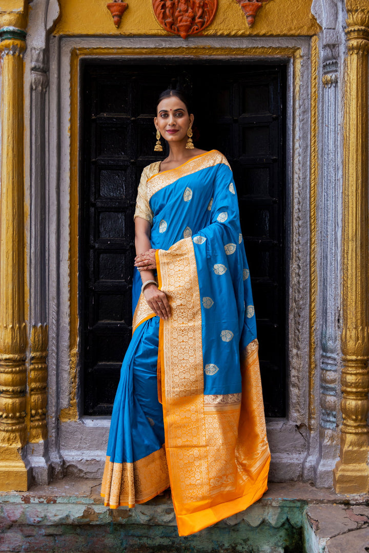 Handloom Dark Sky Blue Pure Katan Silk Banarasi Saree with Golden Yellow Border - Mayrake