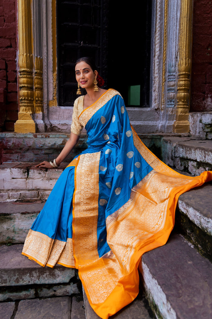 Handloom Dark Sky Blue Pure Katan Silk Banarasi Saree with Golden Yellow Border - Mayrake