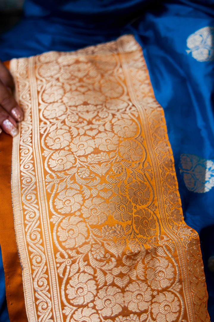 Handloom Dark Sky Blue Pure Katan Silk Banarasi Saree with Golden Yellow Border - Mayrake