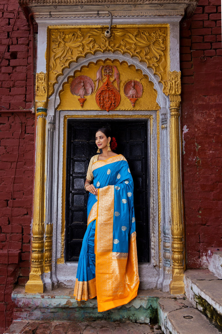 Handloom Dark Sky Blue Pure Katan Silk Banarasi Saree with Golden Yellow Border - Mayrake