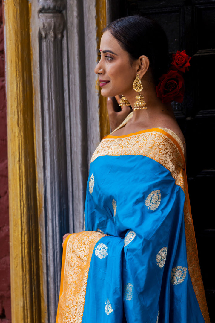 Handloom Dark Sky Blue Pure Katan Silk Banarasi Saree with Golden Yellow Border - Mayrake