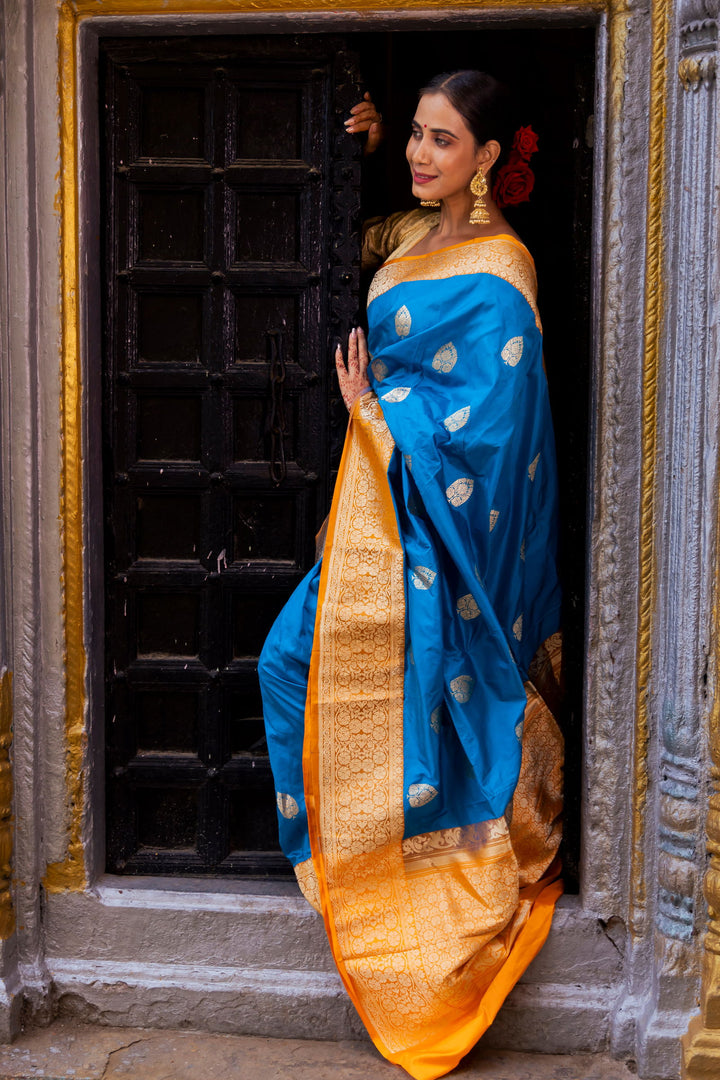Handloom Dark Sky Blue Pure Katan Silk Banarasi Saree with Golden Yellow Border - Mayrake