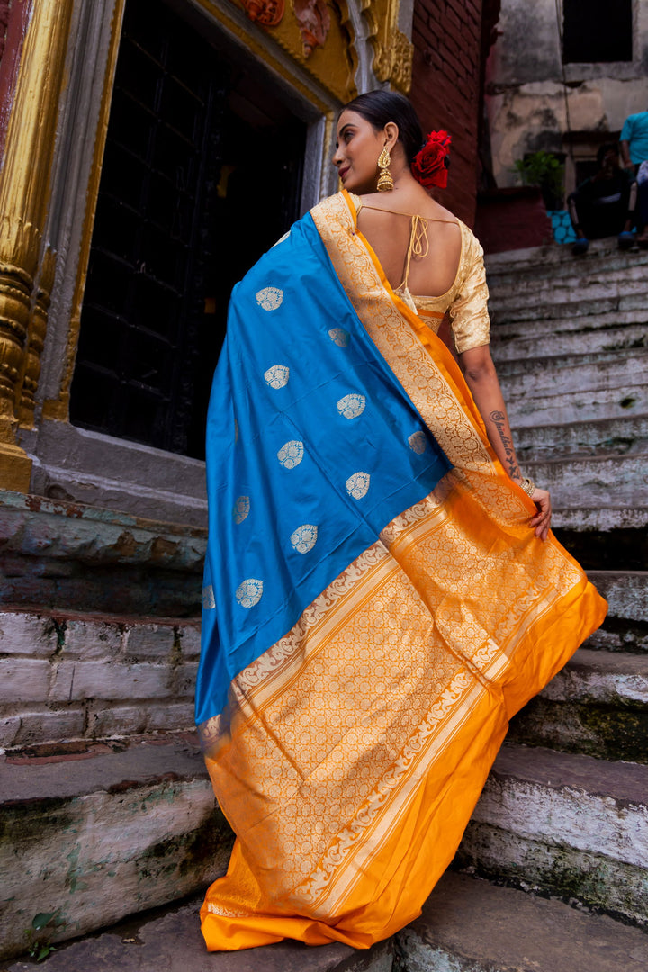 Handloom Dark Sky Blue Pure Katan Silk Banarasi Saree with Golden Yellow Border - Mayrake