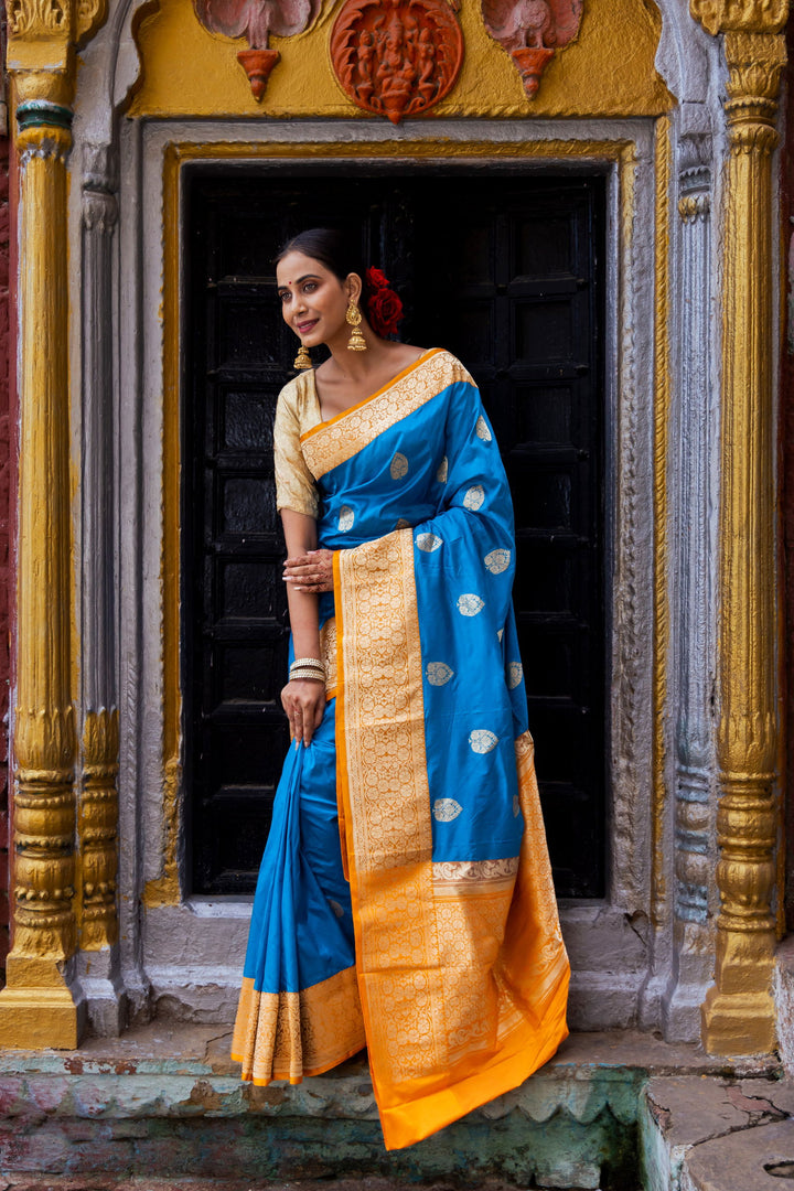 Handloom Dark Sky Blue Pure Katan Silk Banarasi Saree with Golden Yellow Border - Mayrake
