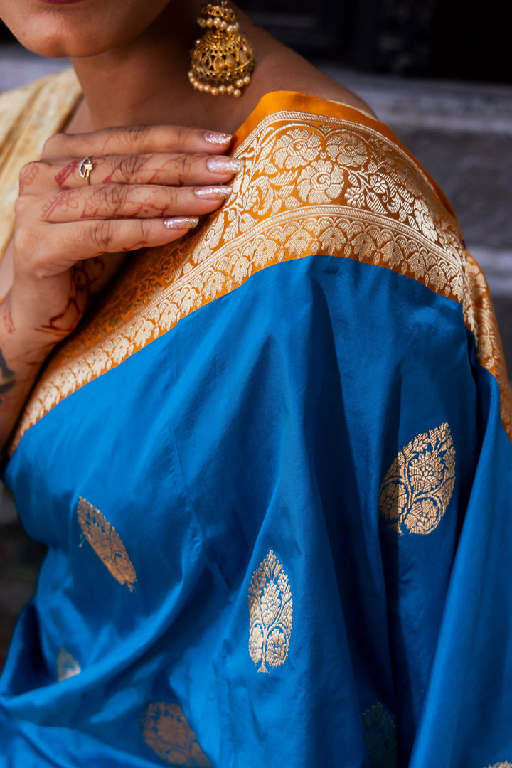 Handloom Dark Sky Blue Pure Katan Silk Banarasi Saree with Golden Yellow Border - Mayrake