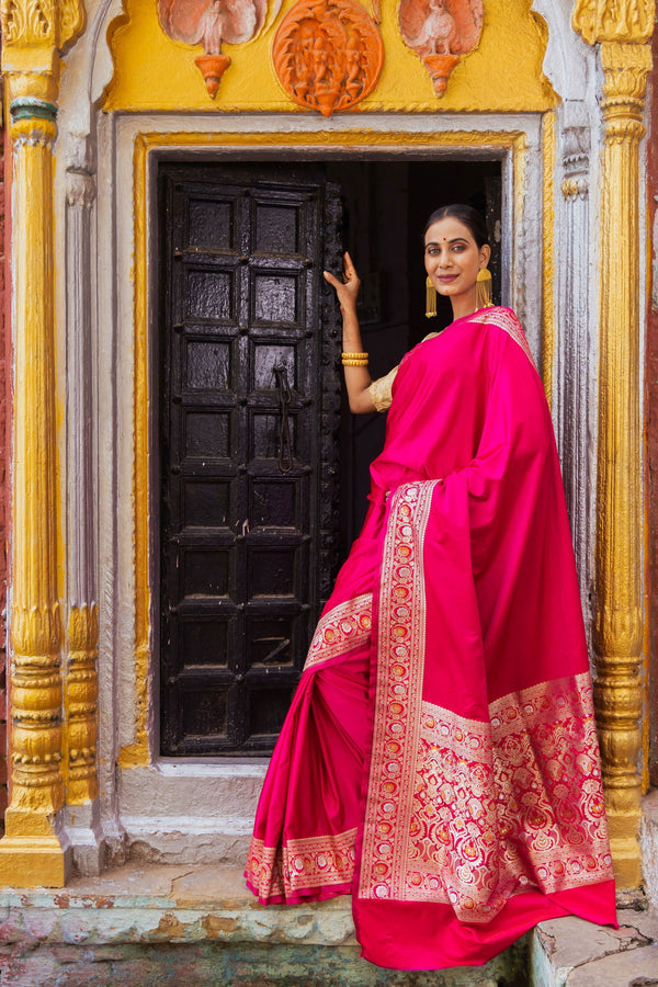 Handloom Fuchsia Pink Mashru Satin Silk Banarasi Saree - Mayrake.in