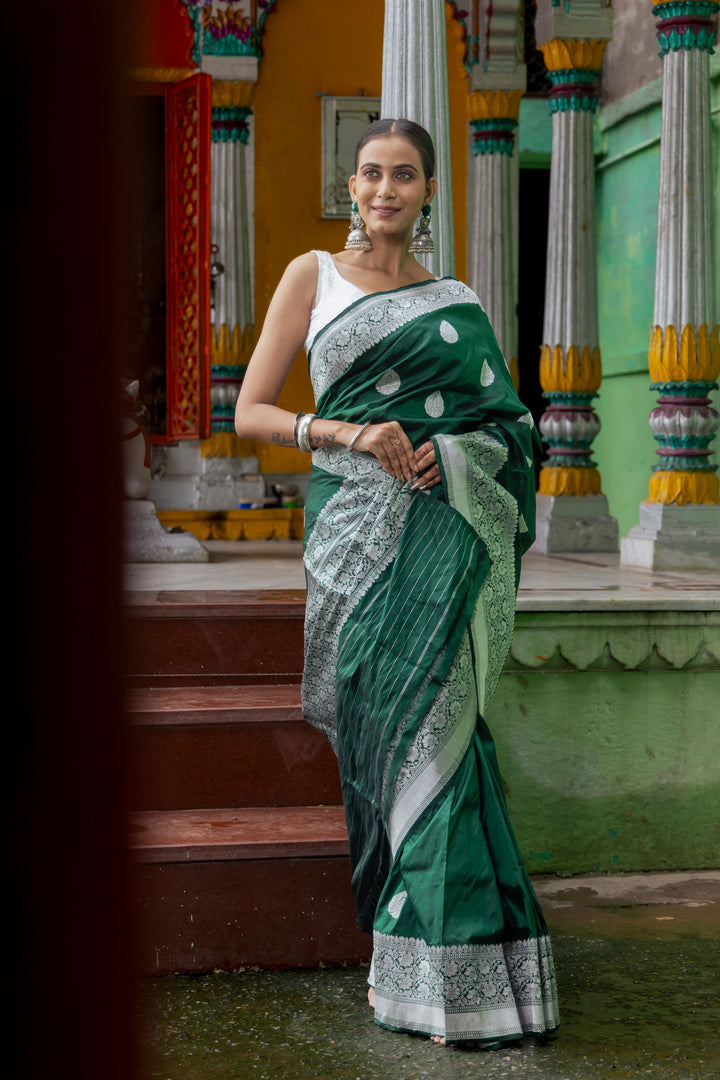 Handloom Green Pure Katan Silk Banarasi Saree - Mayrake