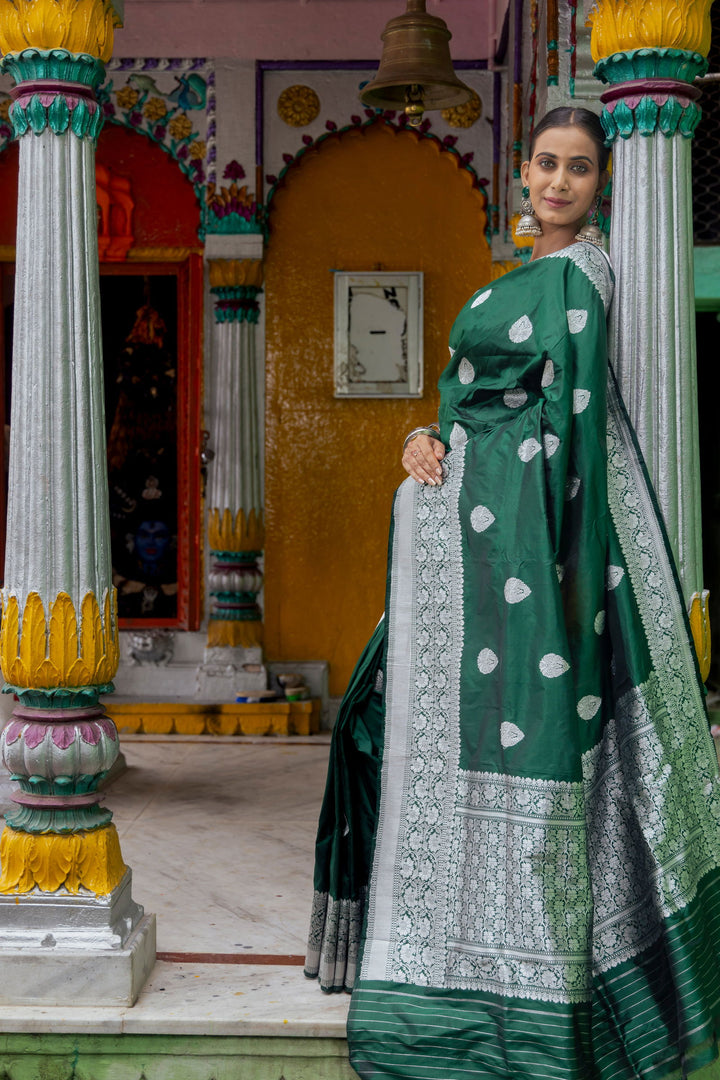 Handloom Green Pure Katan Silk Banarasi Saree - Mayrake