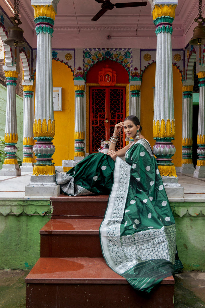Handloom Green Pure Katan Silk Banarasi Saree - Mayrake