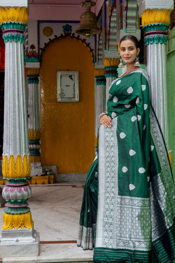 Handloom Green Pure Katan Silk Banarasi Saree - Mayrake