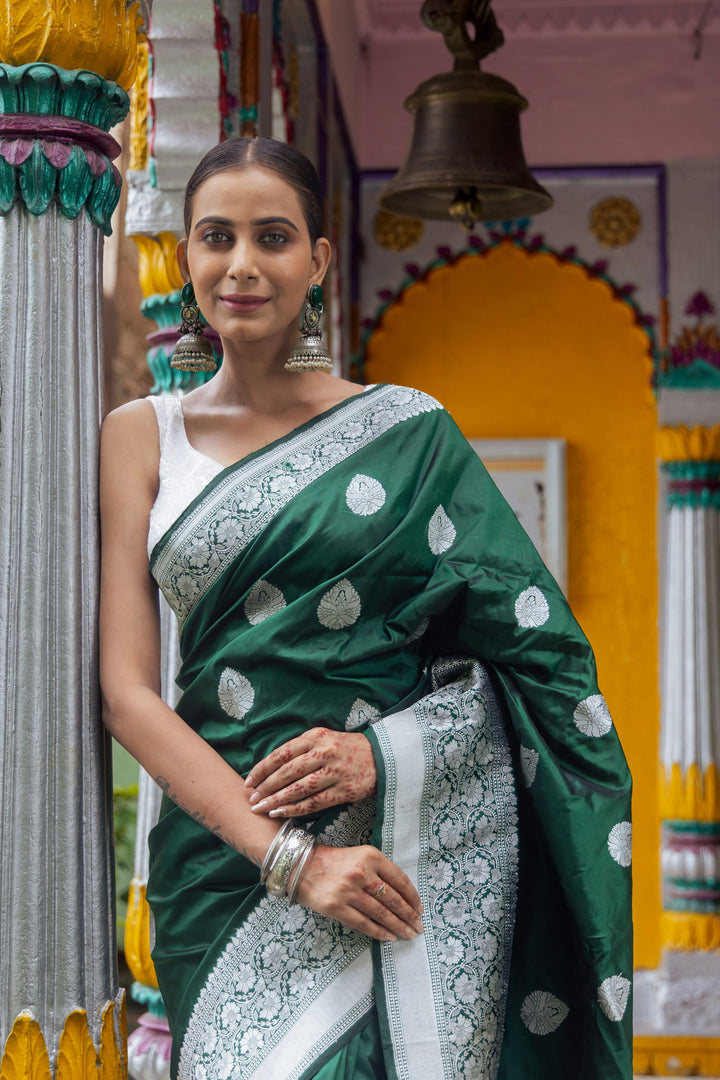 Handloom Green Pure Katan Silk Banarasi Saree - Mayrake