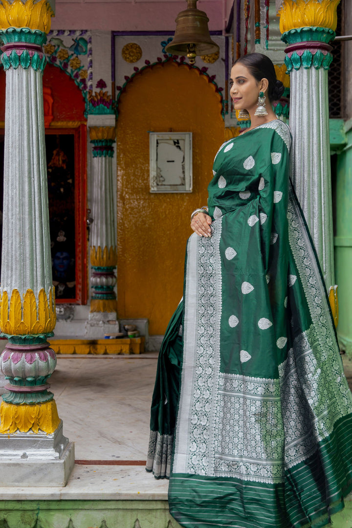 Handloom Green Pure Katan Silk Banarasi Saree - Mayrake