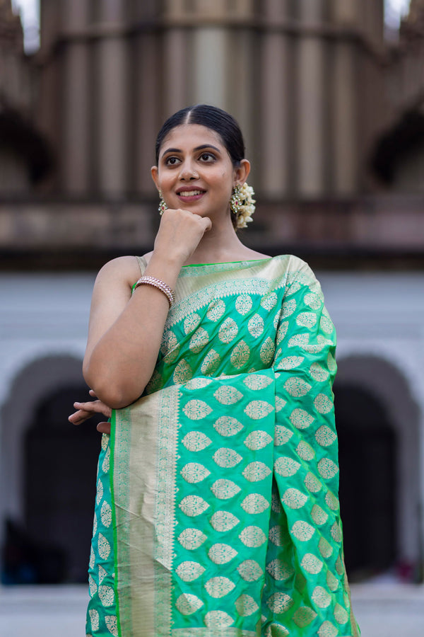 Handloom Green Pure Katan  Silk Banarsi Saree - Mayrake