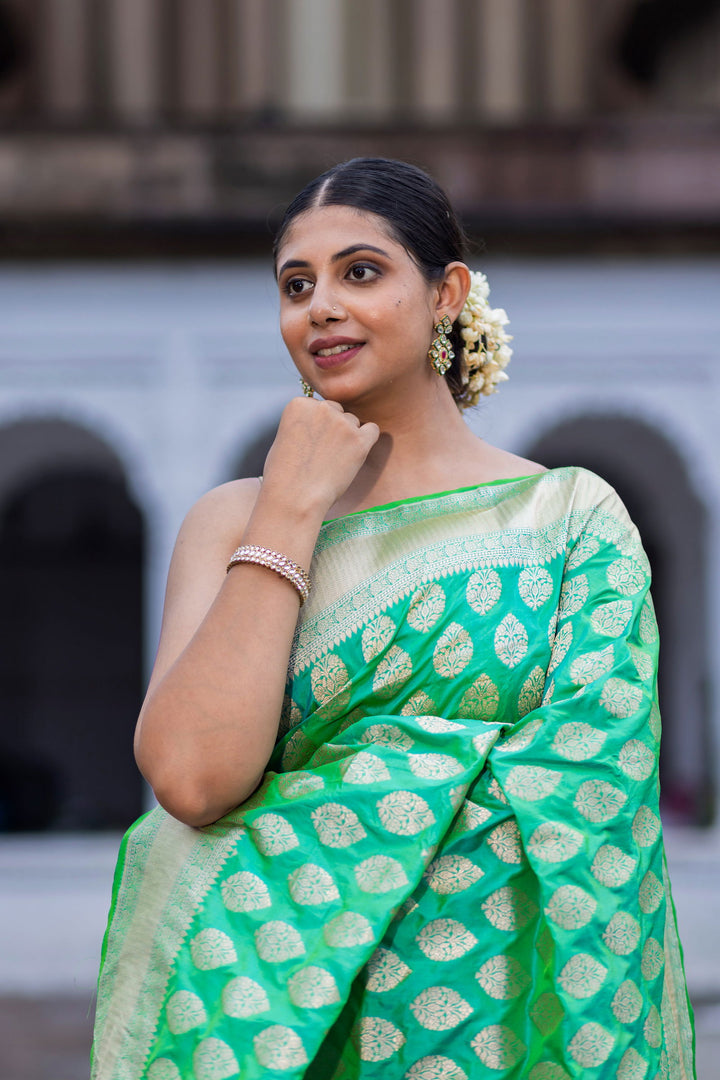 Handloom Green Pure Katan  Silk Banarsi Saree - Mayrake