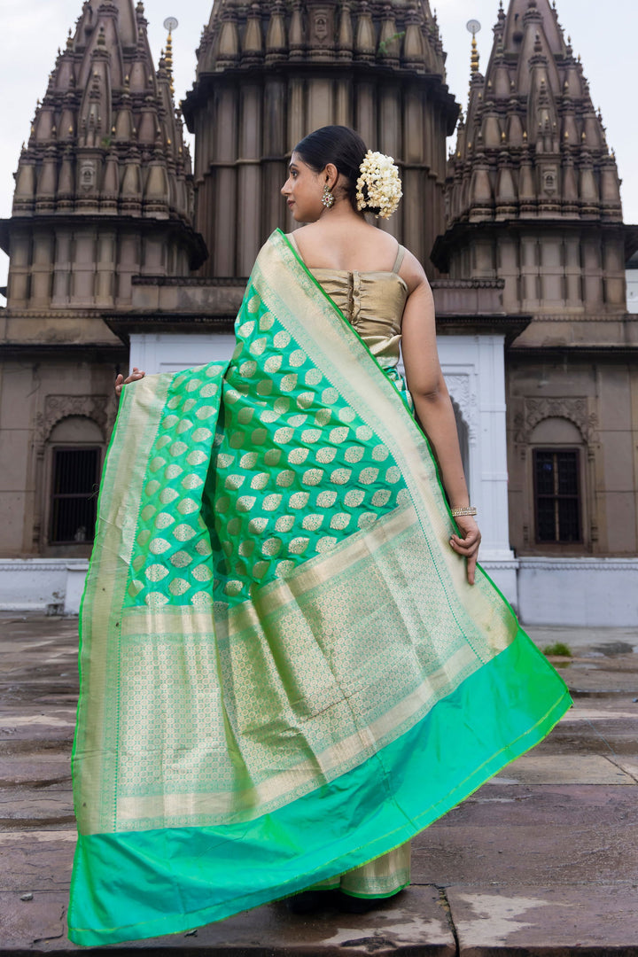 Handloom Green Pure Katan  Silk Banarsi Saree - Mayrake