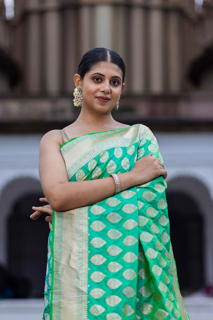 Handloom Green Pure Katan  Silk Banarsi Saree - Mayrake