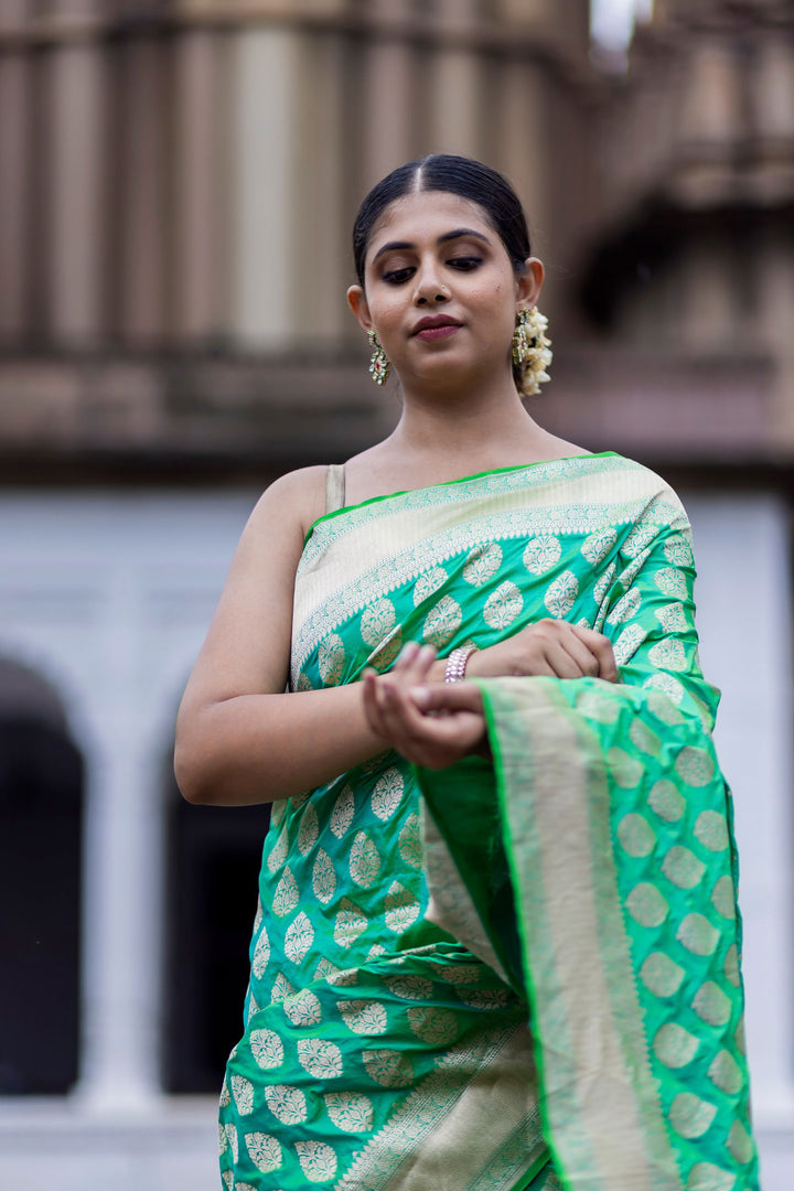 Handloom Green Pure Katan  Silk Banarsi Saree - Mayrake