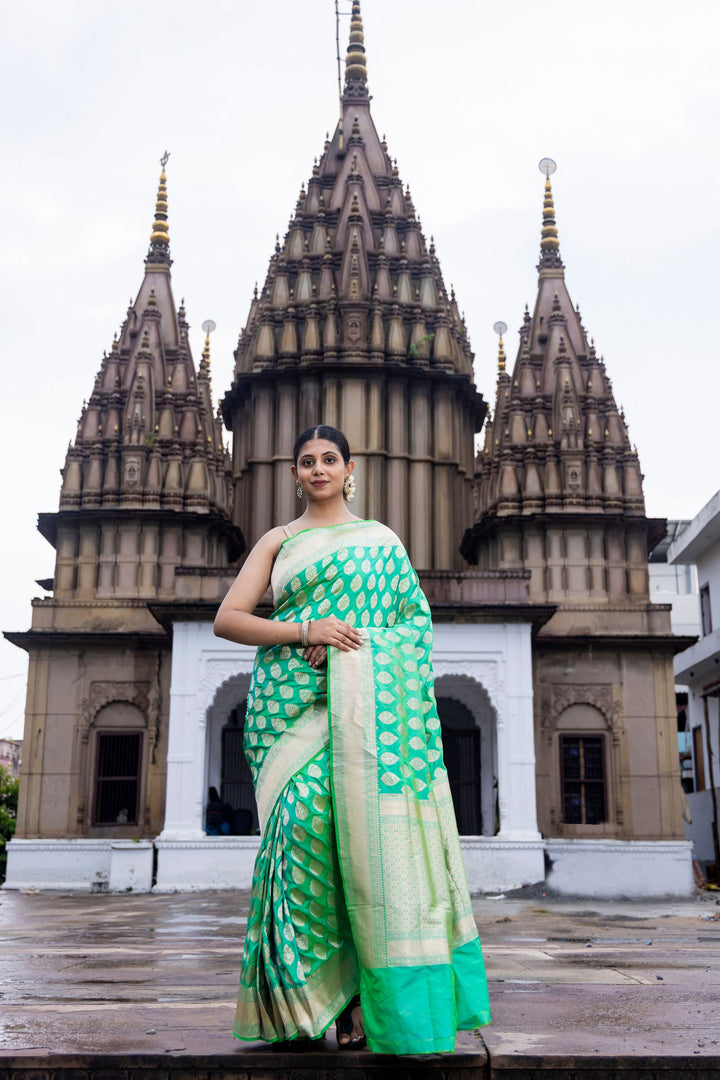 Handloom Green Pure Katan  Silk Banarsi Saree - Mayrake