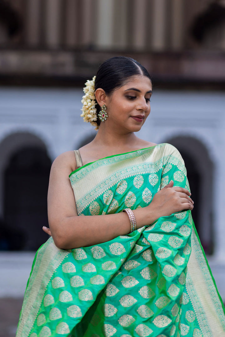 Handloom Green Pure Katan  Silk Banarsi Saree - Mayrake