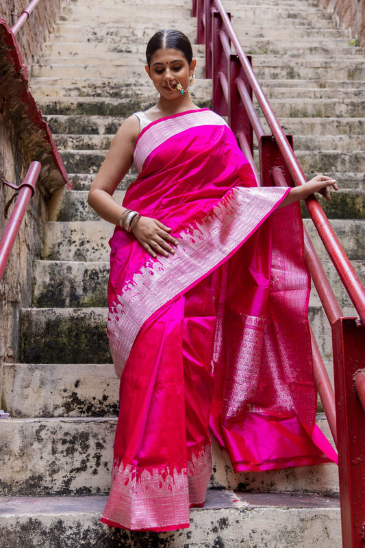 Handloom Hot Pink Katan Ghat Border Banarasi Saree - Mayrake.in