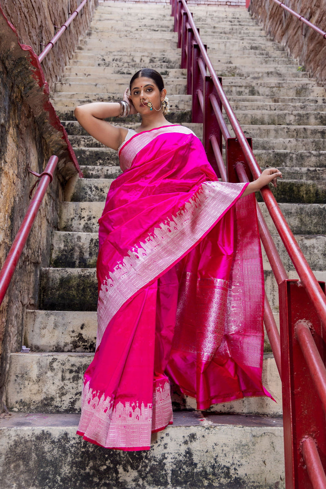 Handloom Hot Pink Katan Ghat Border Banarasi Saree - Mayrake.in