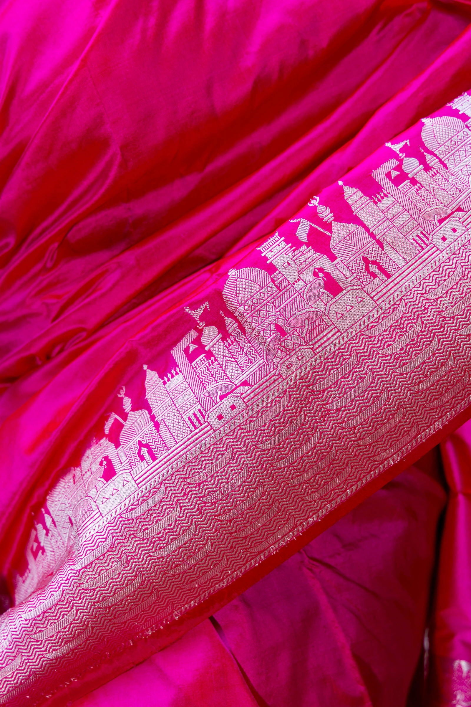 Handloom Hot Pink Katan Ghat Border Banarasi Saree - Mayrake.in
