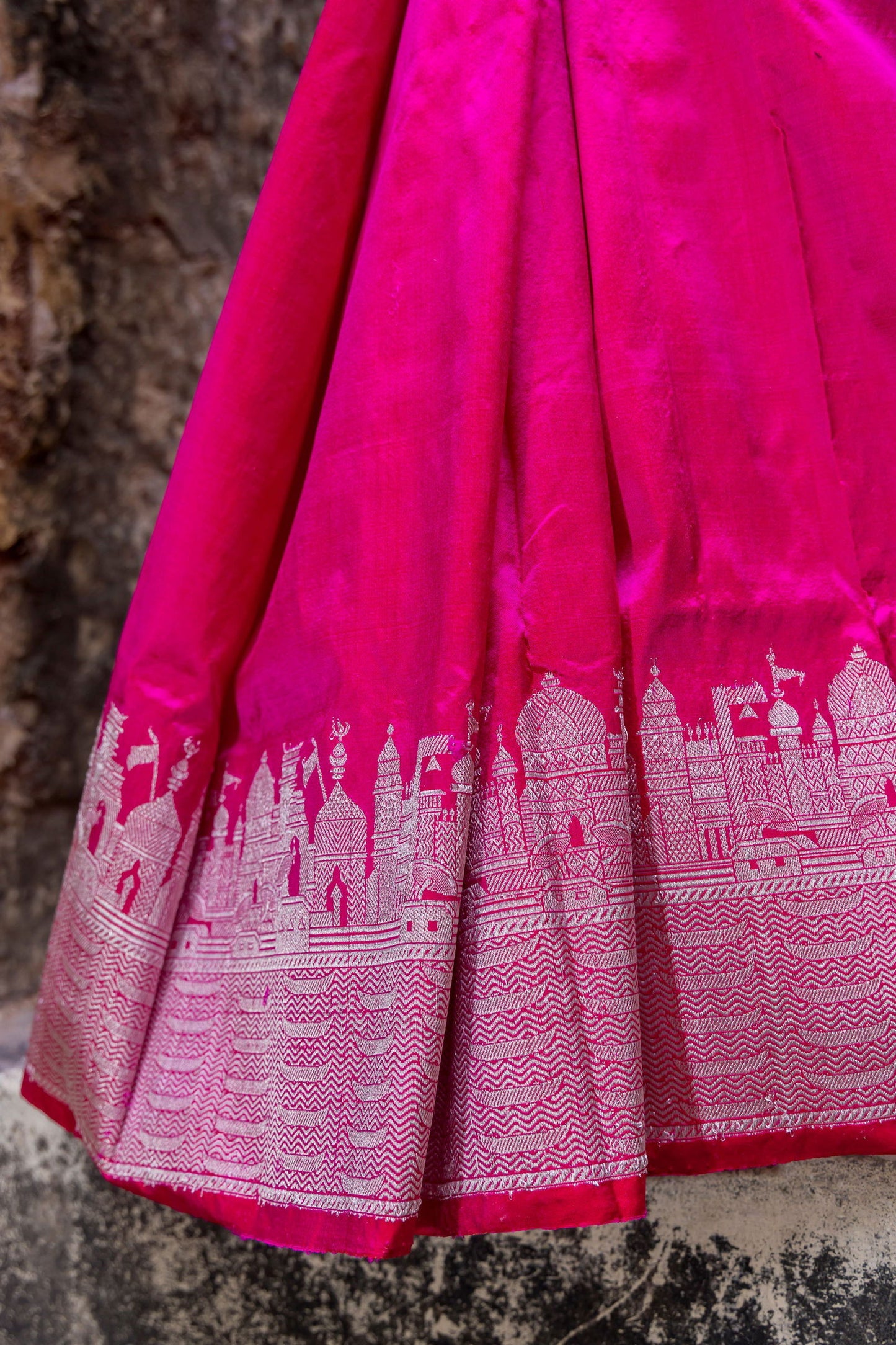 Handloom Hot Pink Katan Ghat Border Banarasi Saree - Mayrake.in