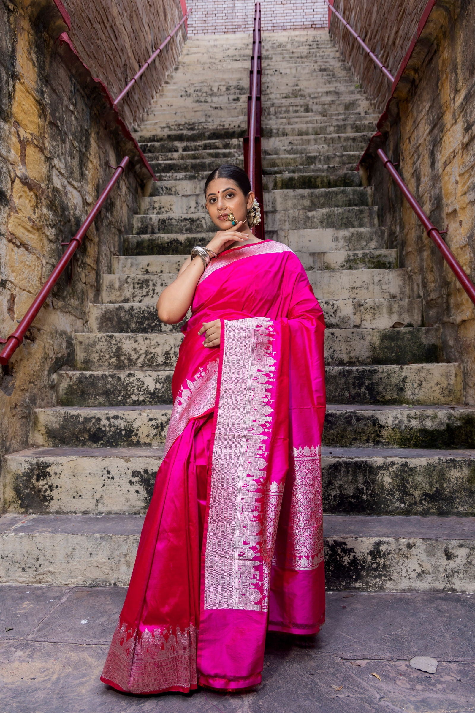 Handloom Hot Pink Katan Ghat Border Banarasi Saree - Mayrake.in