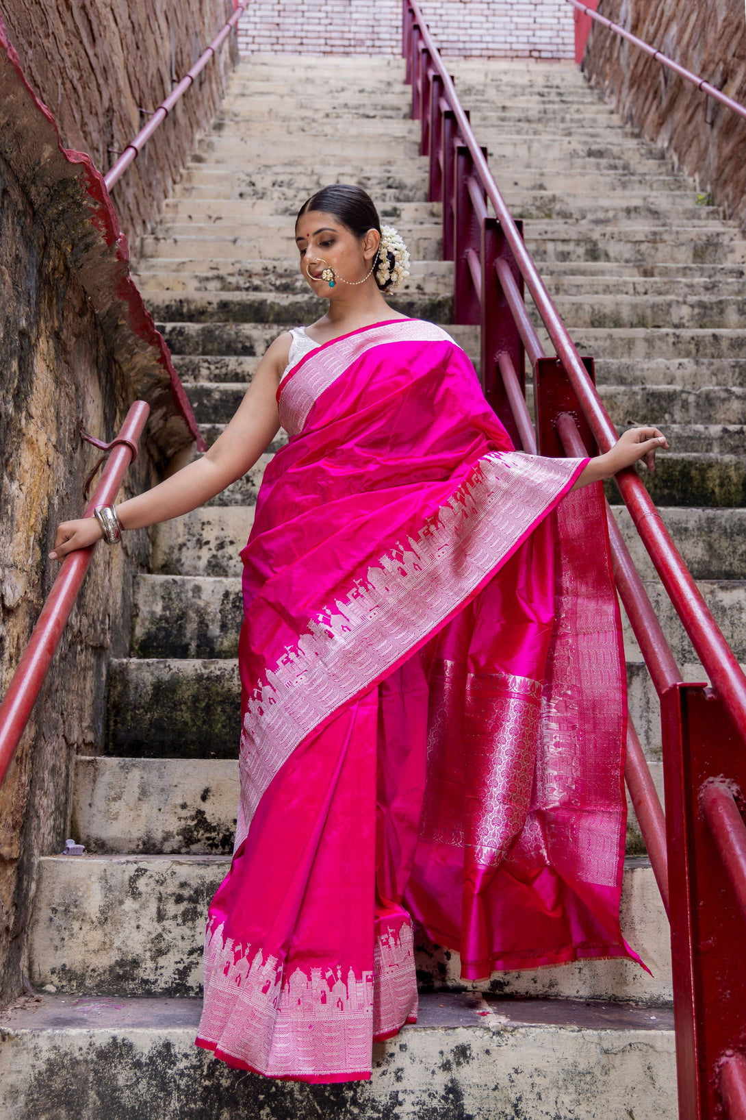 Handloom Hot Pink Katan Ghat Border Banarasi Saree - Mayrake.in