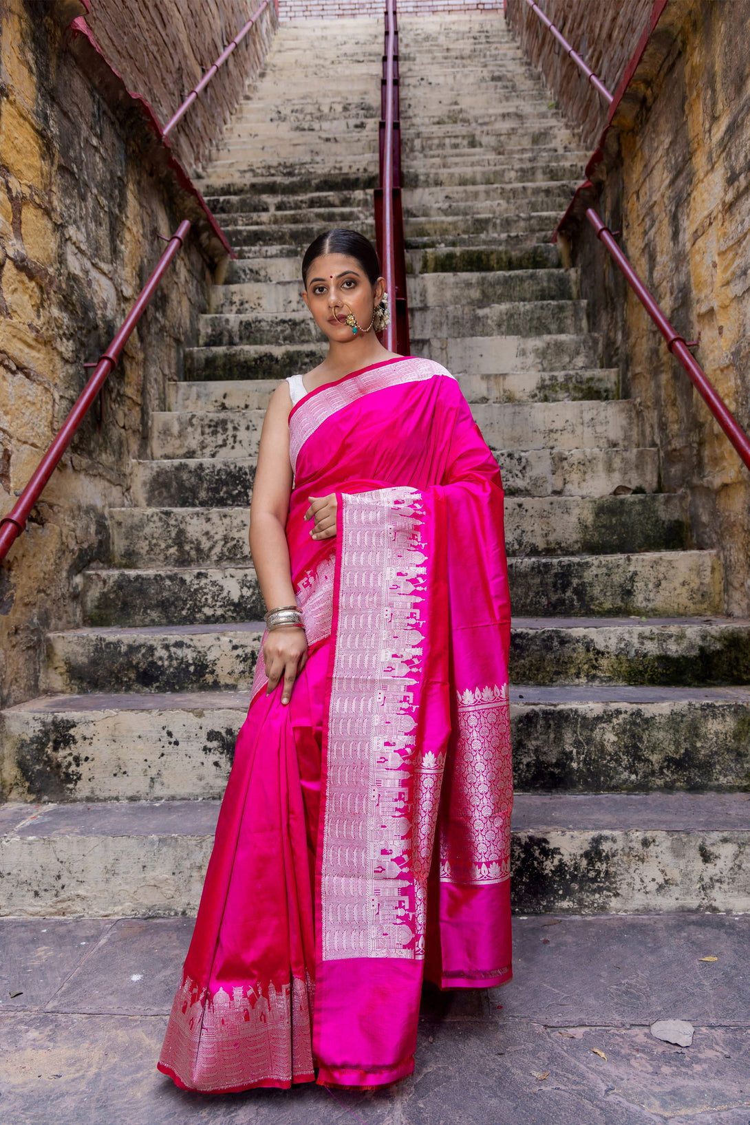 Handloom Hot Pink Katan Ghat Border Banarasi Saree - Mayrake.in