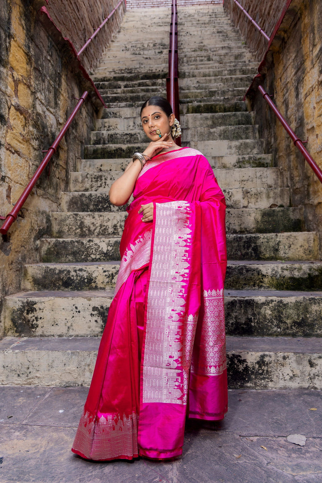 Handloom Hot Pink Katan Ghat Border Banarasi Saree - Mayrake.in