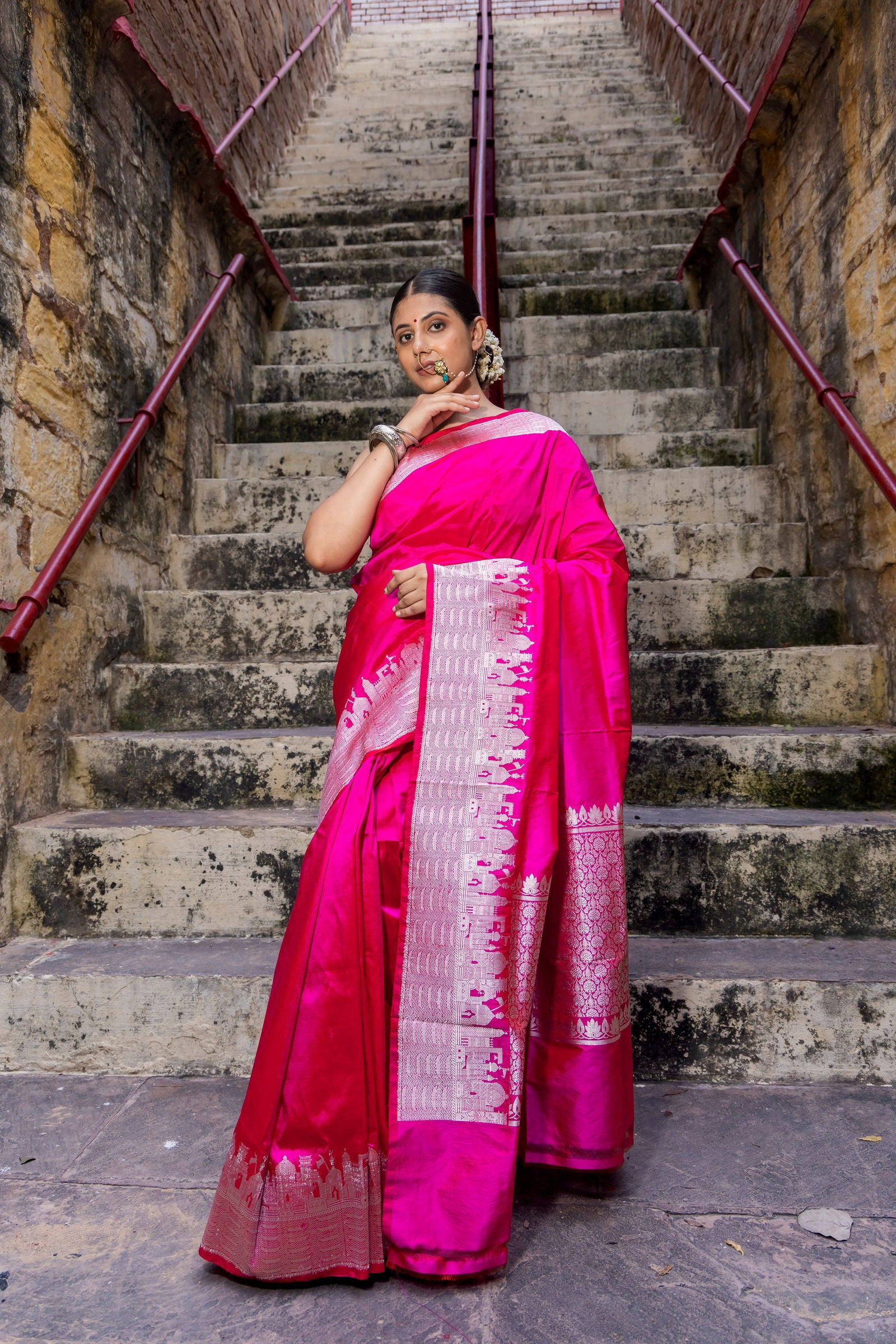 Handloom Hot Pink Katan Ghat Border Banarasi Saree - Mayrake.in