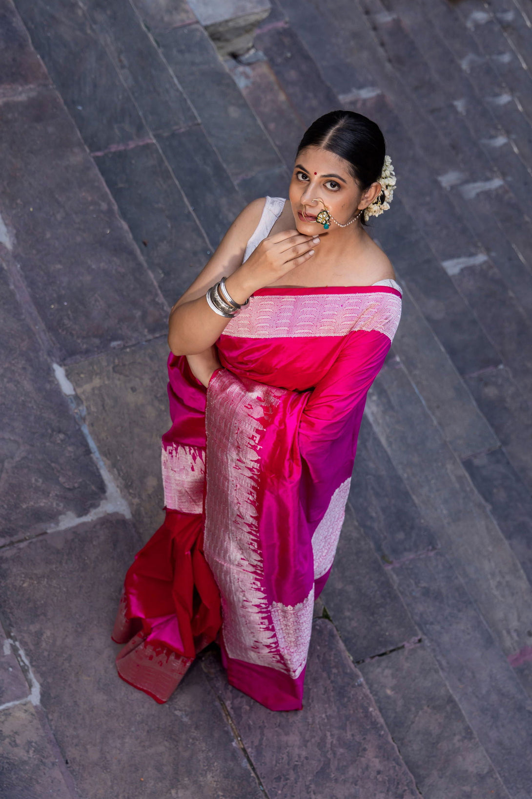 Handloom Hot Pink Katan Ghat Border Banarasi Saree - Mayrake.in