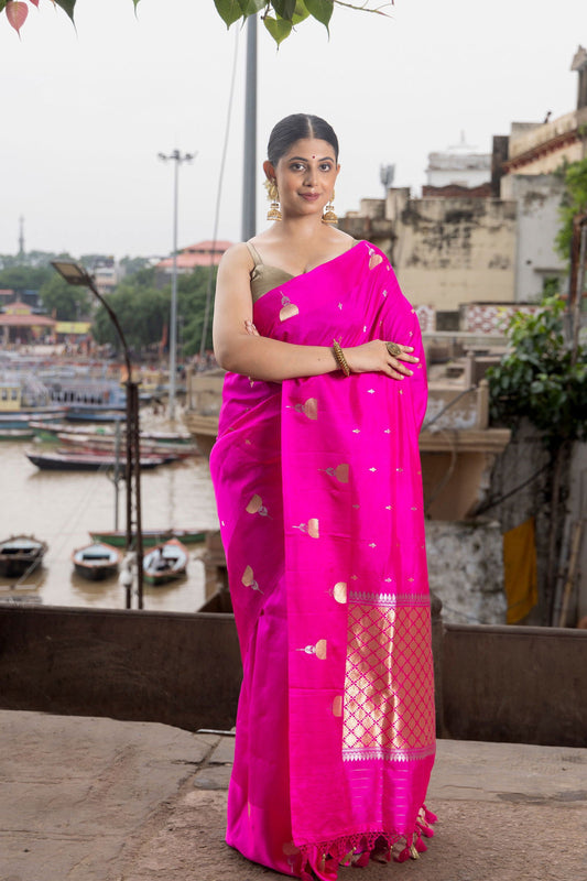 Handloom Hot Pink Pure Katan Silk Banarasi Saree - Mayrake.in