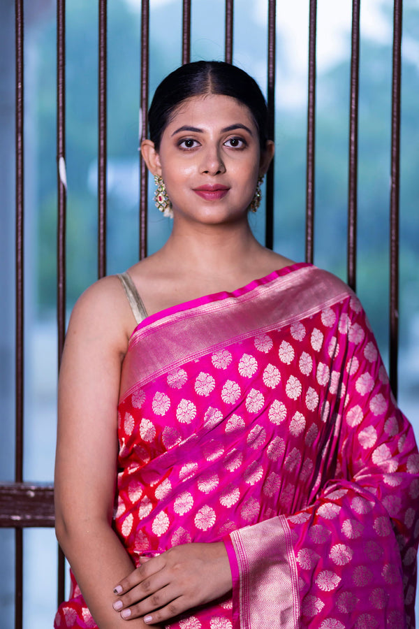 Handloom  Hot Pink Pure Katan Silk  Banarsi Saree - Mayrake