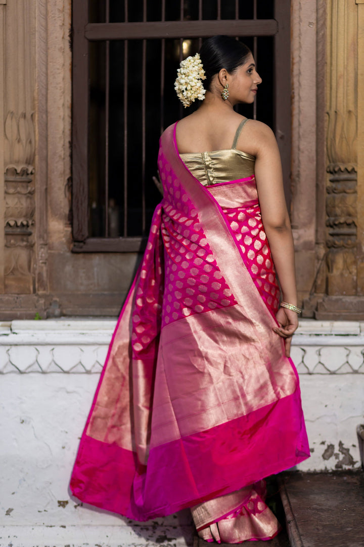 Handloom  Hot Pink Pure Katan Silk  Banarsi Saree - Mayrake