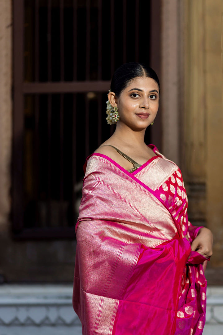 Handloom  Hot Pink Pure Katan Silk  Banarsi Saree - Mayrake